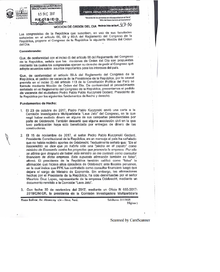 Congreso de la República presenta moción multipartidaria de vacancia de la Presidencia de la República.