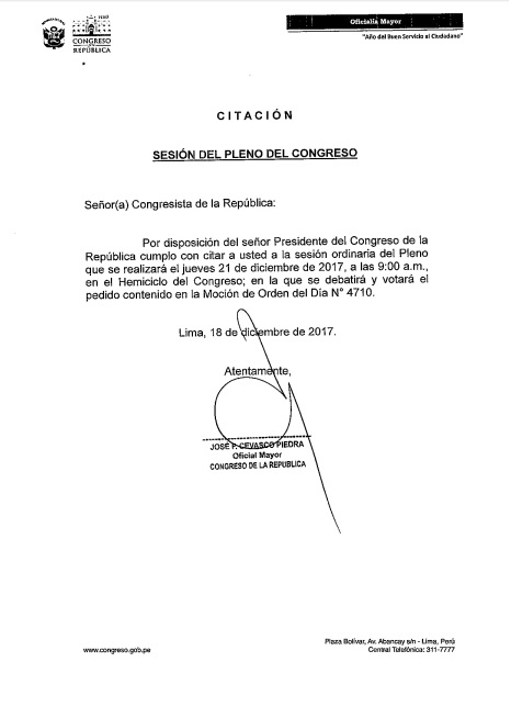 Convocan sesión en el pleno del Congreso para definir vacancia presidencial.