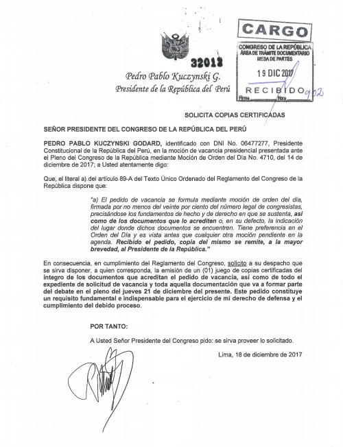 Presidente Pedro Pablo Kuczynski solicita documentación al Congreso que acredite pedido de vacancia